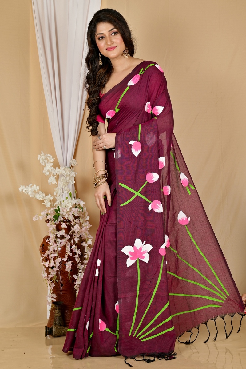Marun Pure Cotton Kamal Hand Painted Saree (1970)