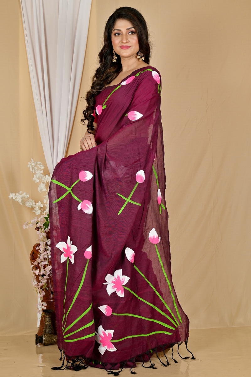 Marun Pure Cotton Kamal Hand Painted Saree (1970)