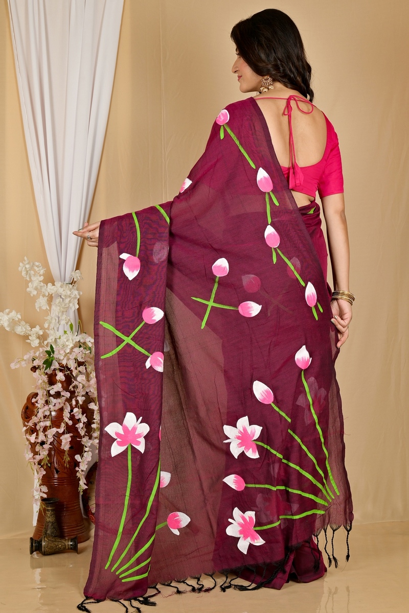 Marun Pure Cotton Kamal Hand Painted Saree (1970)
