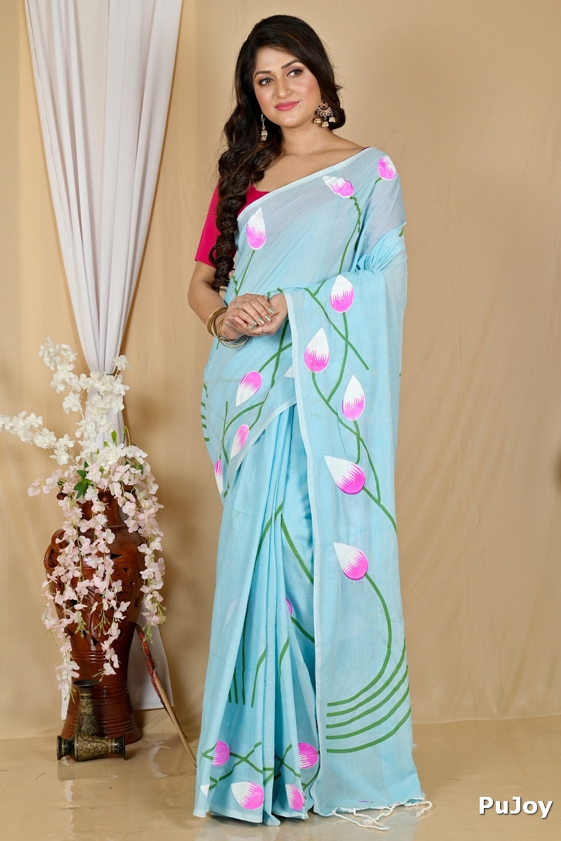 Sky Blue Pure Cotton Kamal Hand Painted Saree (1971)