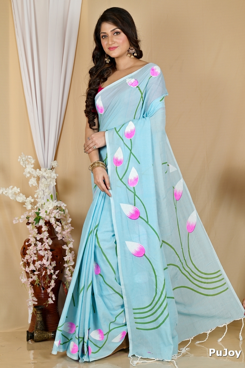 Sky Blue Pure Cotton Kamal Hand Painted Saree (1971)