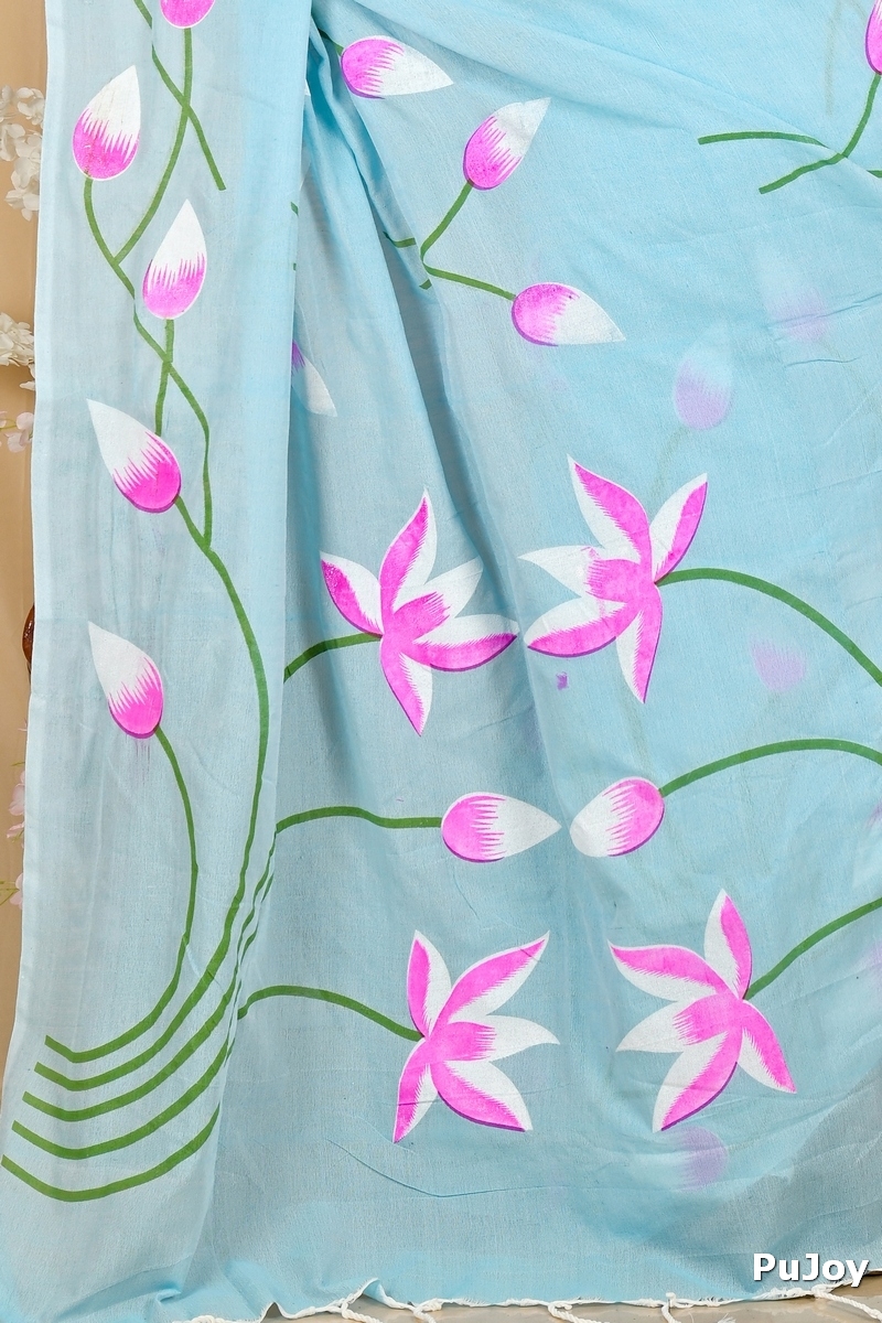 Sky Blue Pure Cotton Kamal Hand Painted Saree (1971)