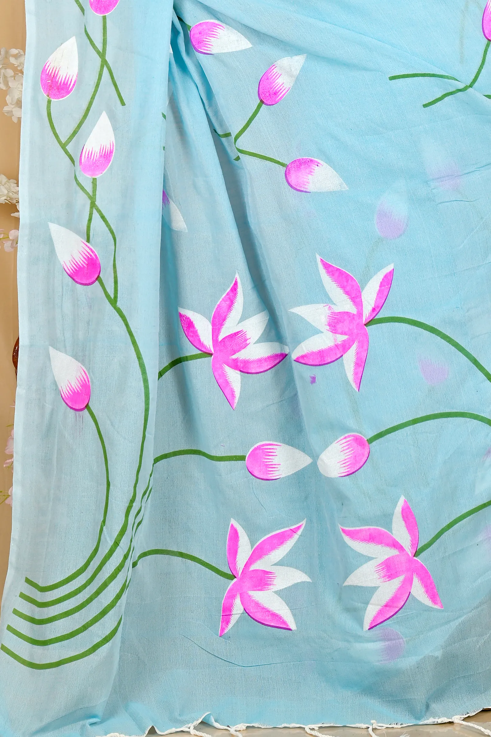 Sky Blue Pure Cotton Kamal Hand Painted Saree (1971)