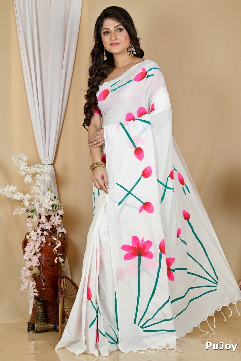 White Pure Cotton Kamal Hand Painted Saree (1972)