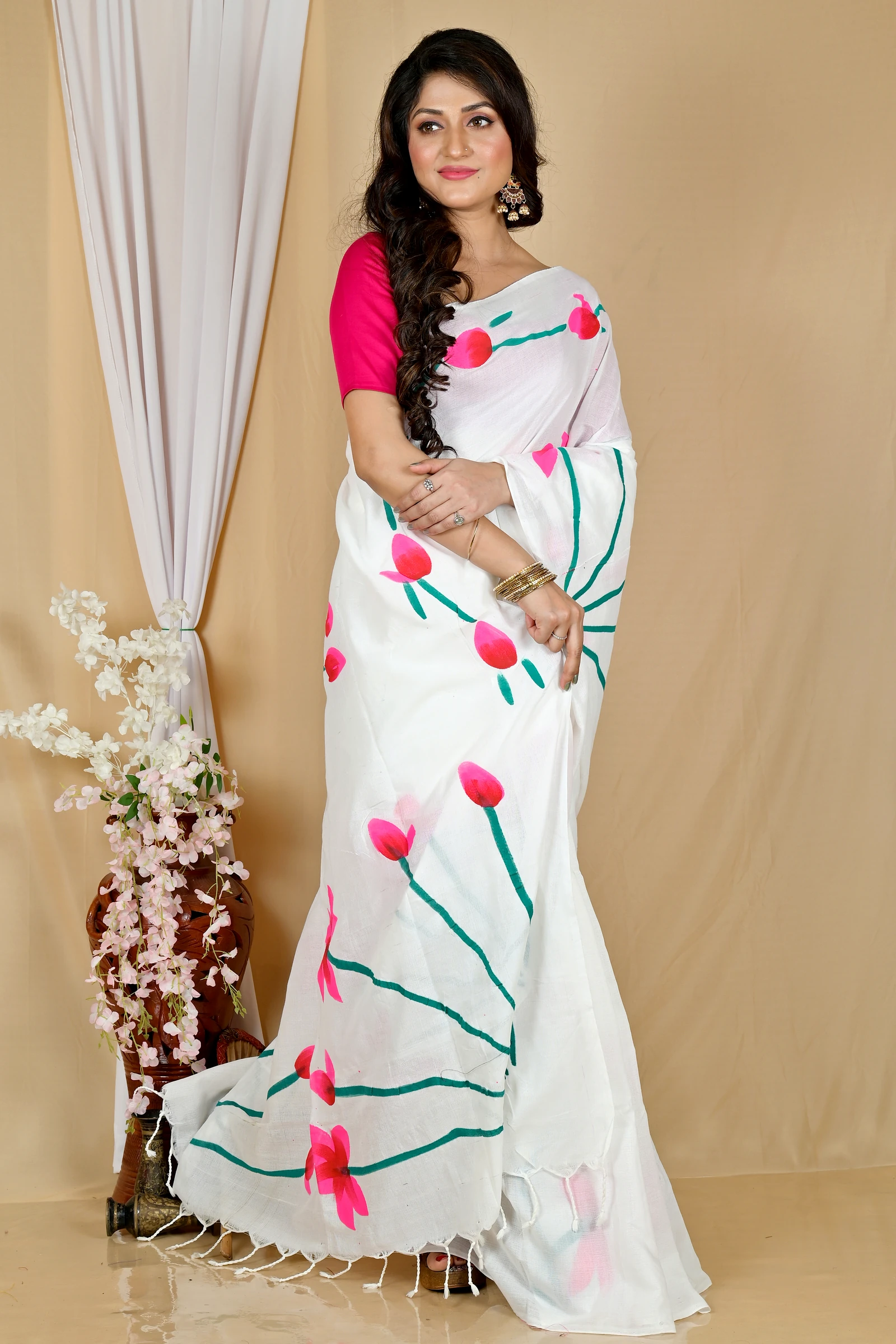 White Pure Cotton Kamal Hand Painted Saree (1972)