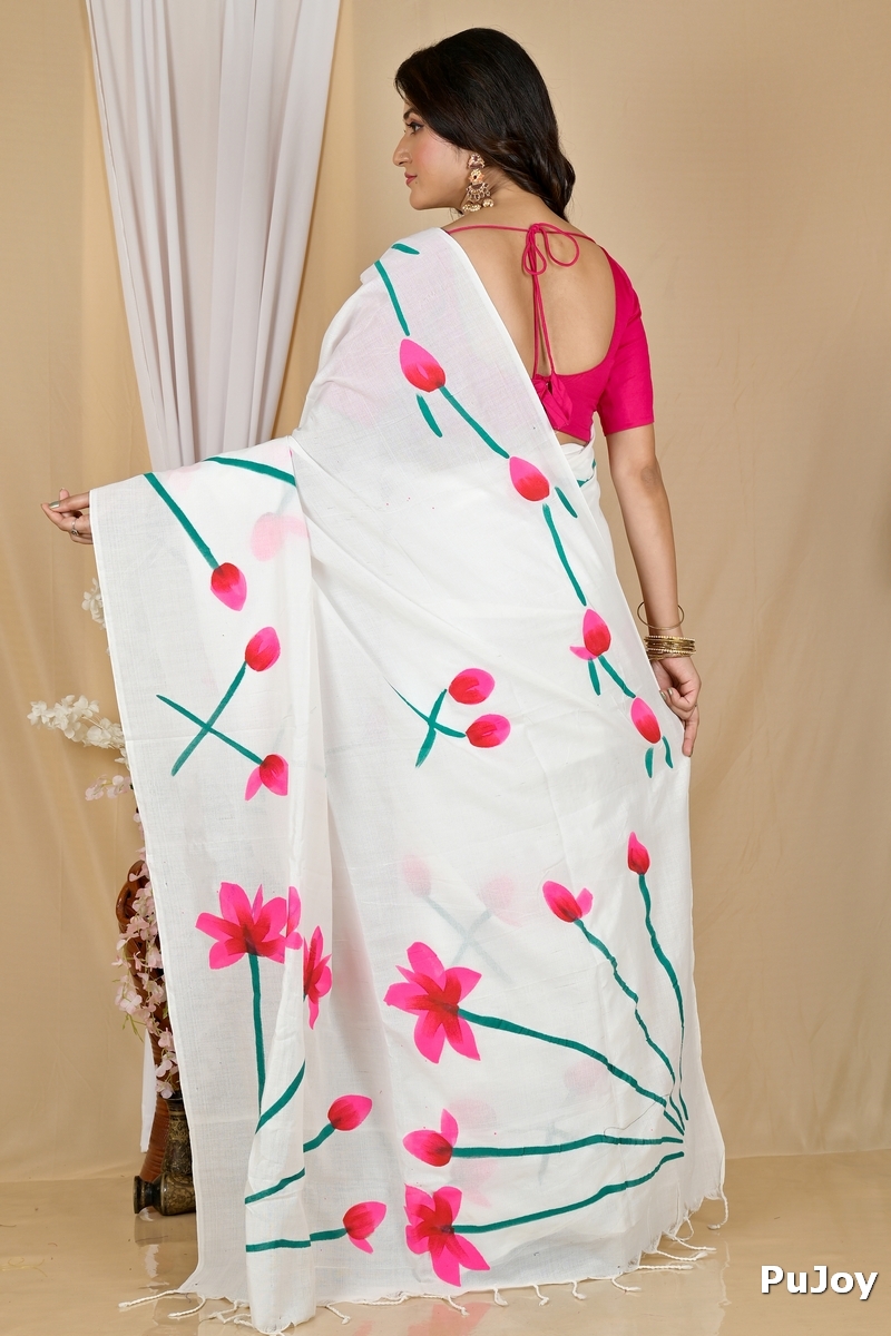 White Pure Cotton Kamal Hand Painted Saree (1972)