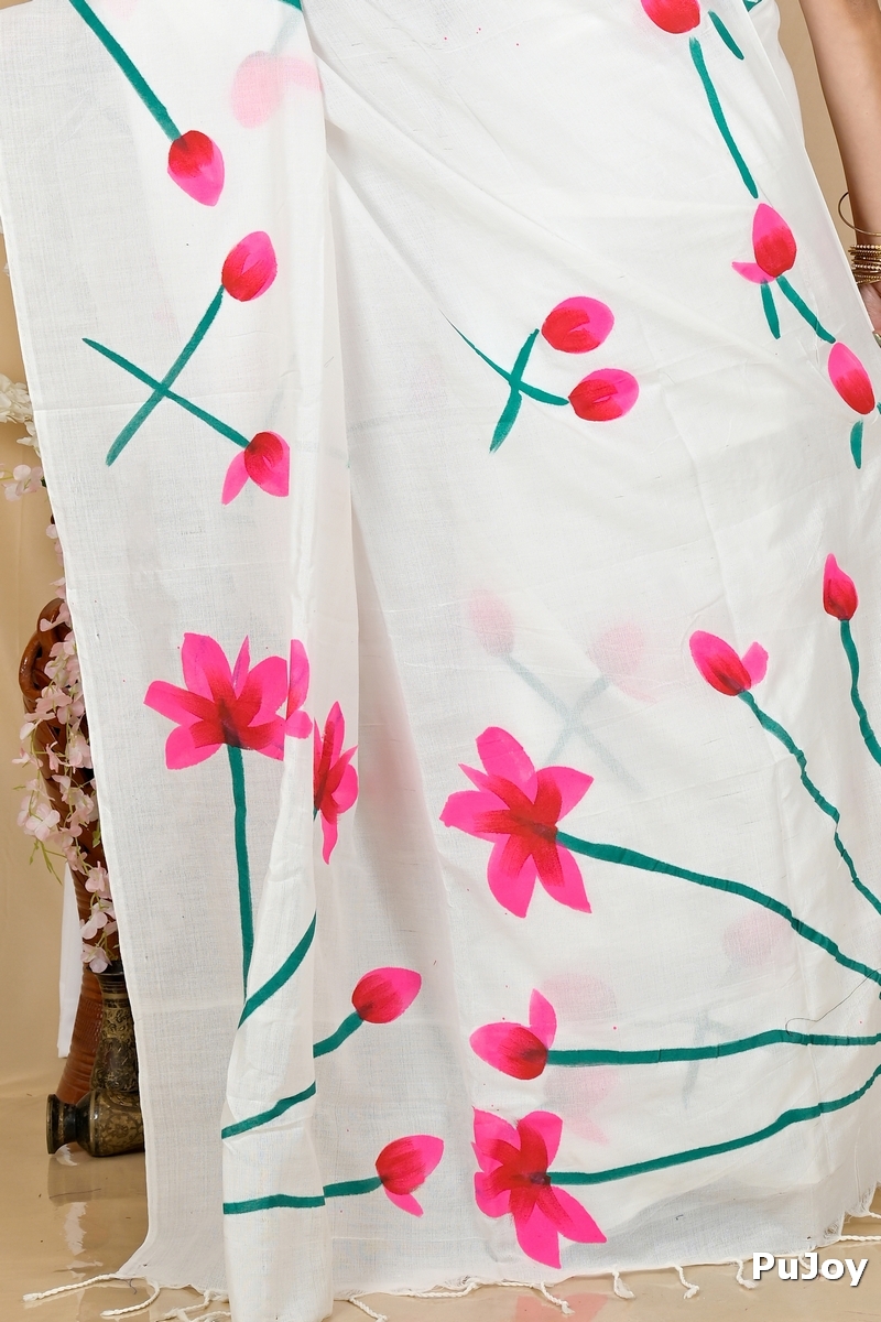 White Pure Cotton Kamal Hand Painted Saree (1972)