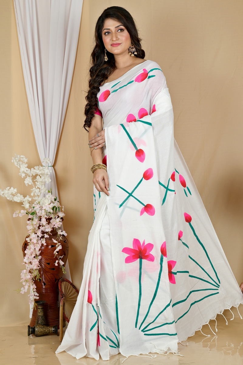 White Pure Cotton Kamal Hand Painted Saree (1972)