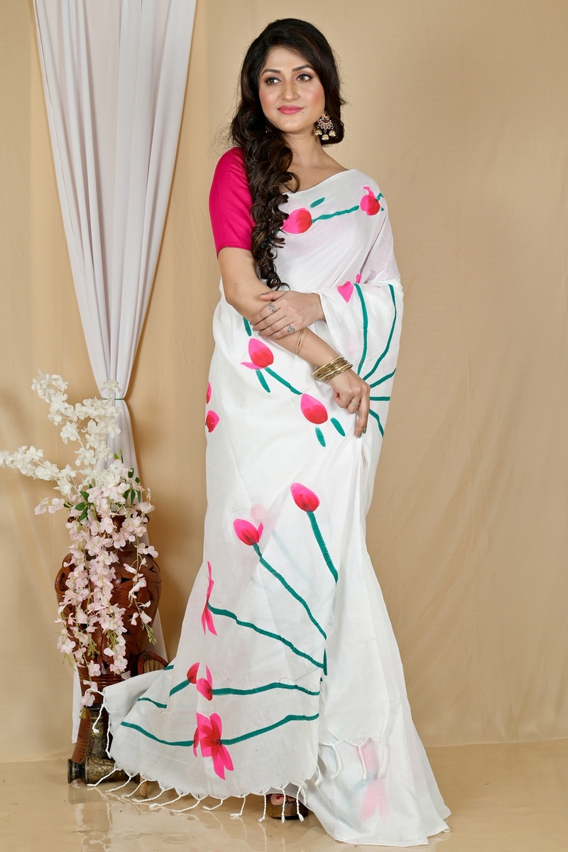 White Pure Cotton Kamal Hand Painted Saree (1972)