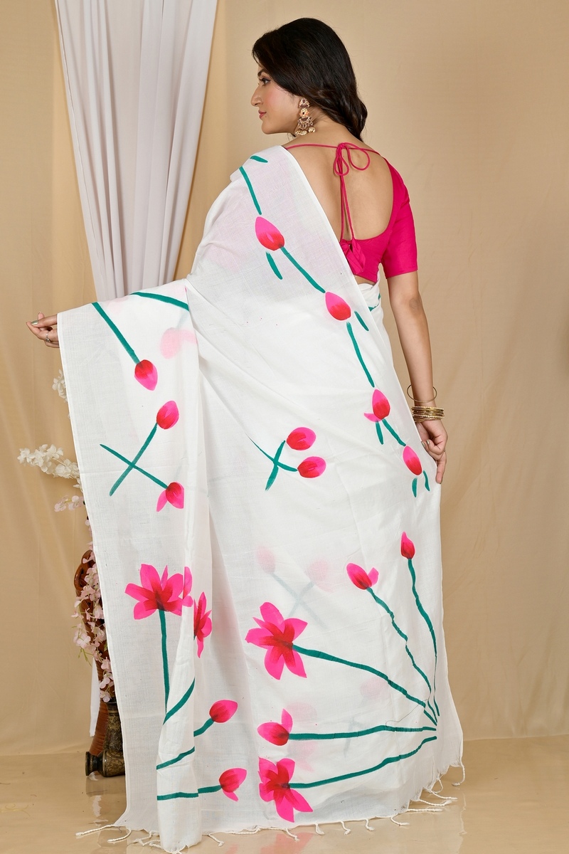 White Pure Cotton Kamal Hand Painted Saree (1972)
