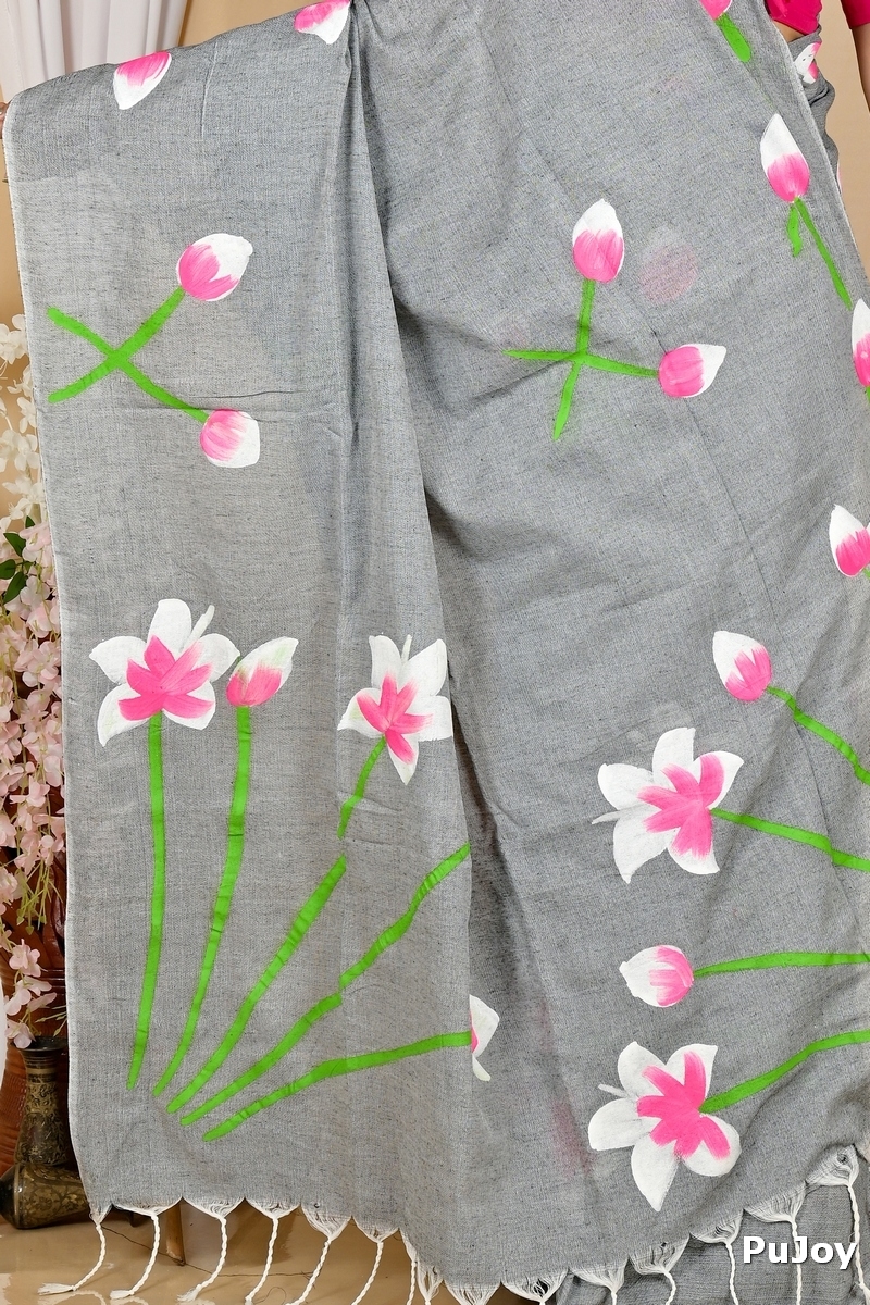 Grey Pure Cotton Kamal Hand Painted Saree (1973)