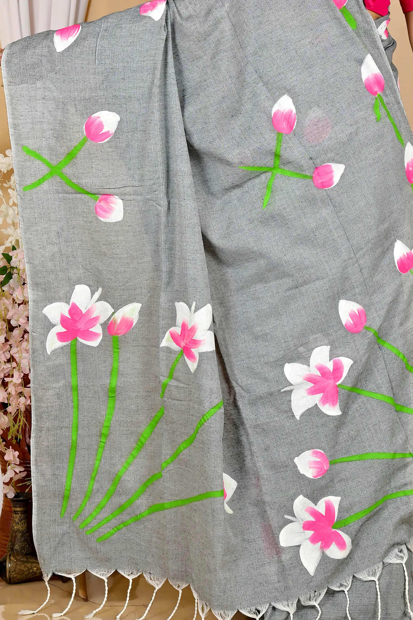 Grey Pure Cotton Kamal Hand Painted Saree (1973)