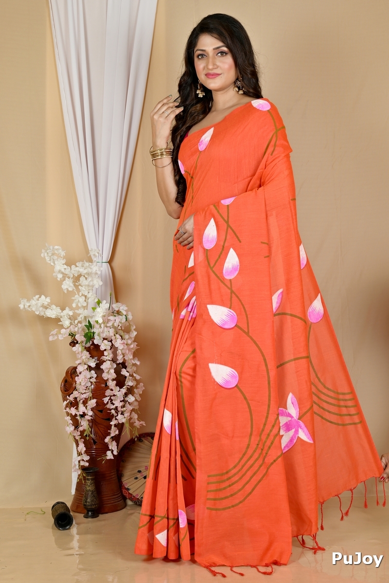 Orange Pure Cotton Kamal Hand Painted Saree (1974)