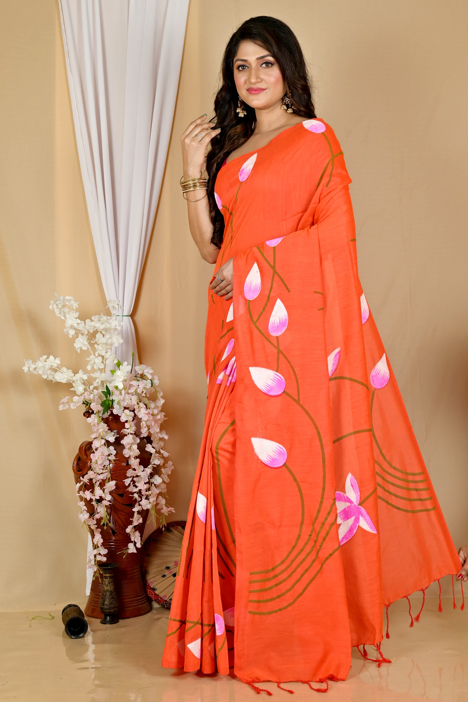 Orange Pure Cotton Kamal Hand Painted Saree (1974)