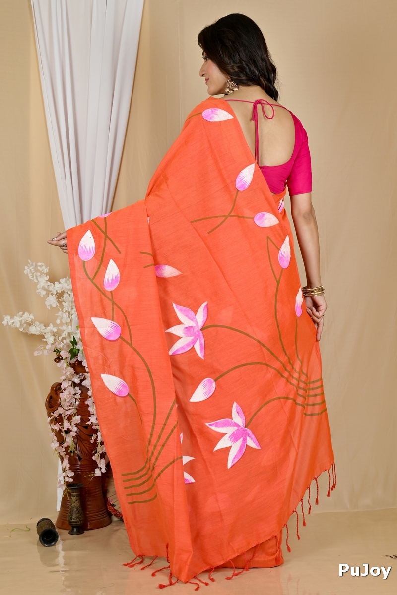 Orange Pure Cotton Kamal Hand Painted Saree (1974)