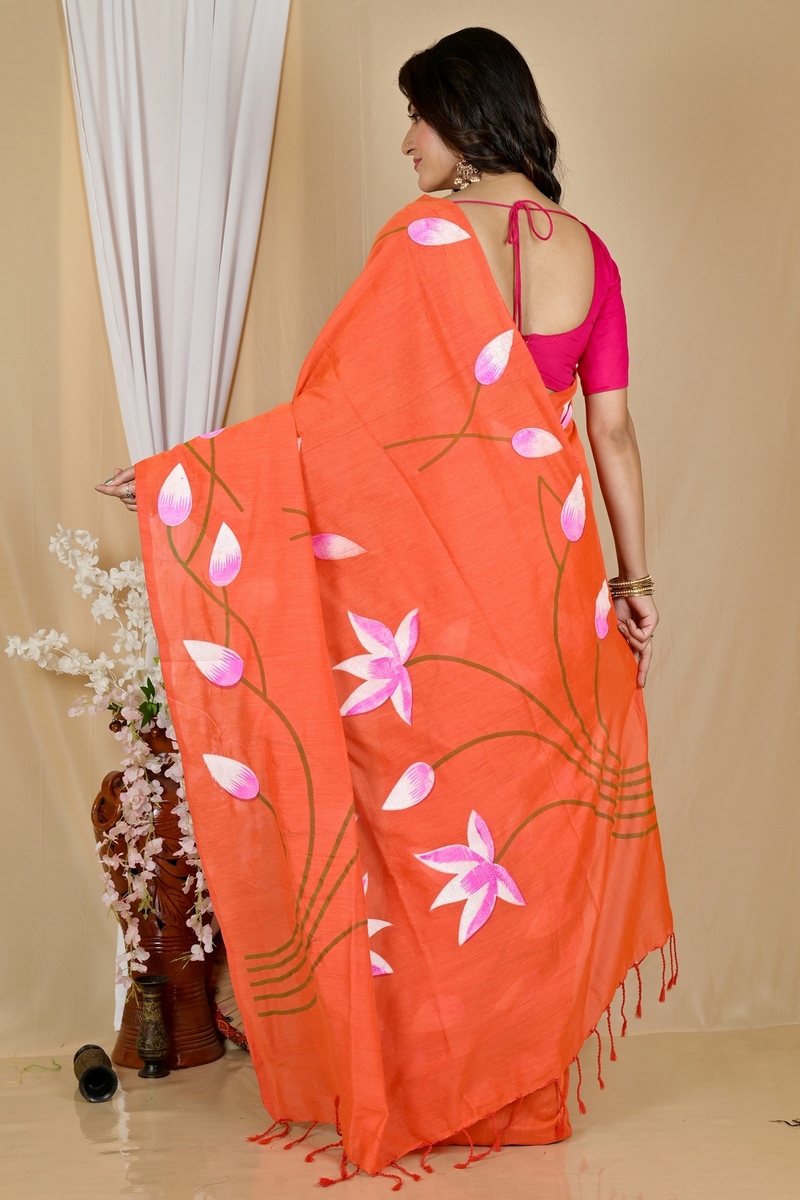 Orange Pure Cotton Kamal Hand Painted Saree (1974)