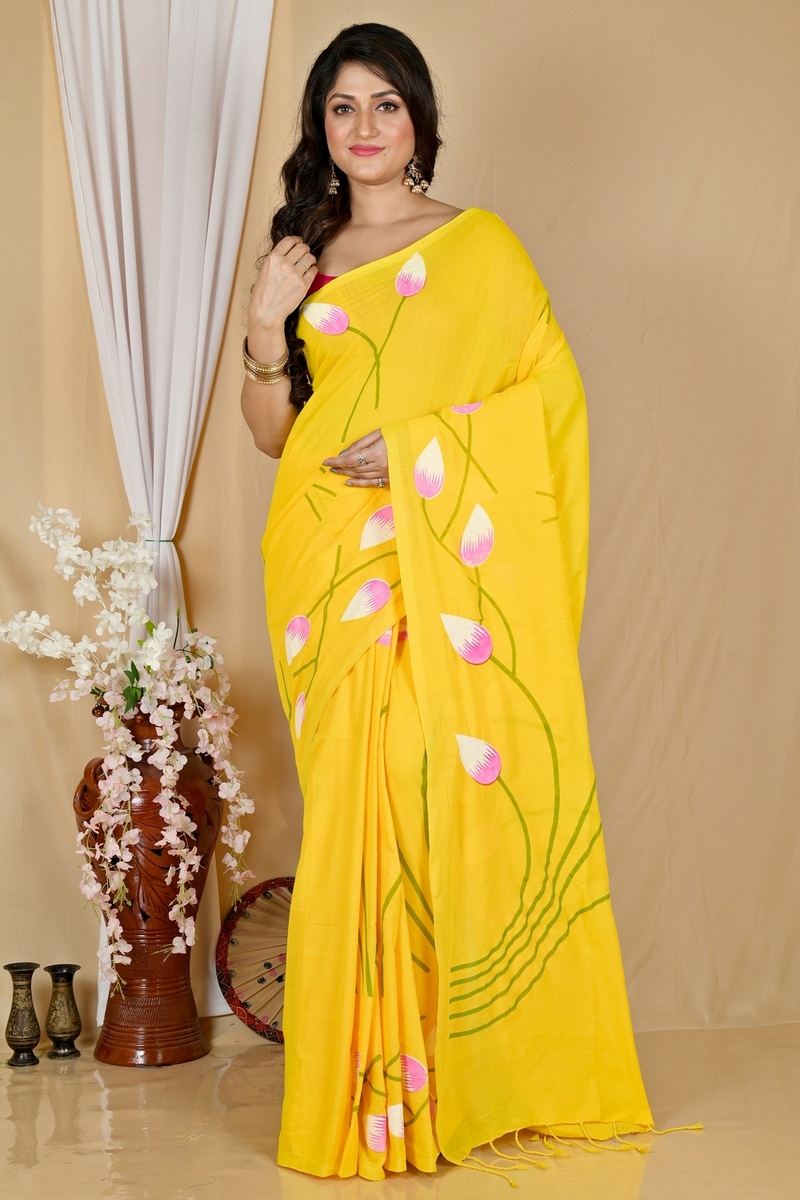 Yellow Pure Cotton Kamal Hand Painted Saree (1975)