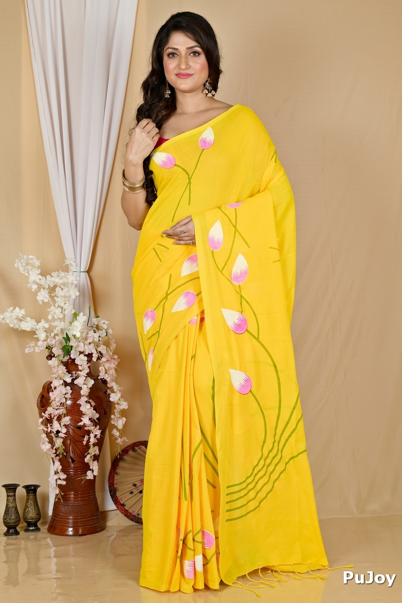 Yellow Pure Cotton Kamal Hand Painted Saree (1975)