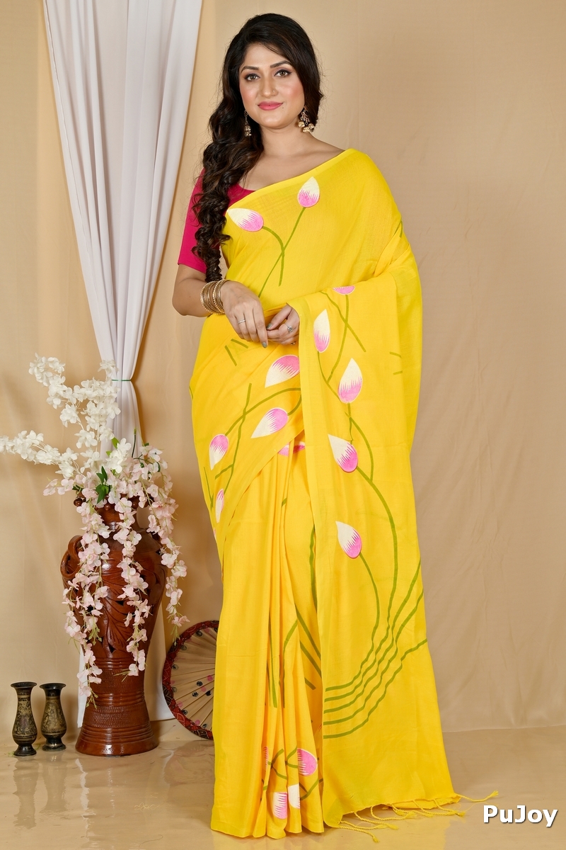 Yellow Pure Cotton Kamal Hand Painted Saree (1975)