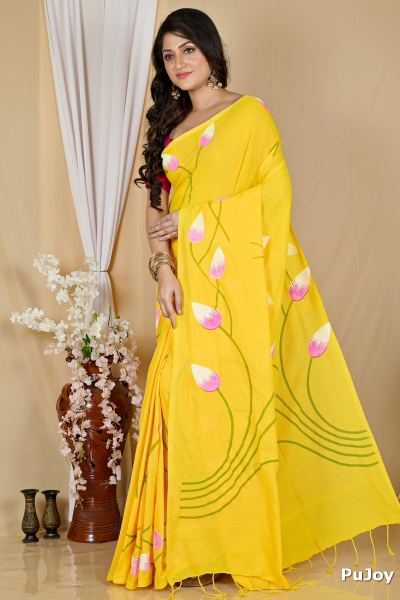 Yellow Pure Cotton Kamal Hand Painted Saree (1975)