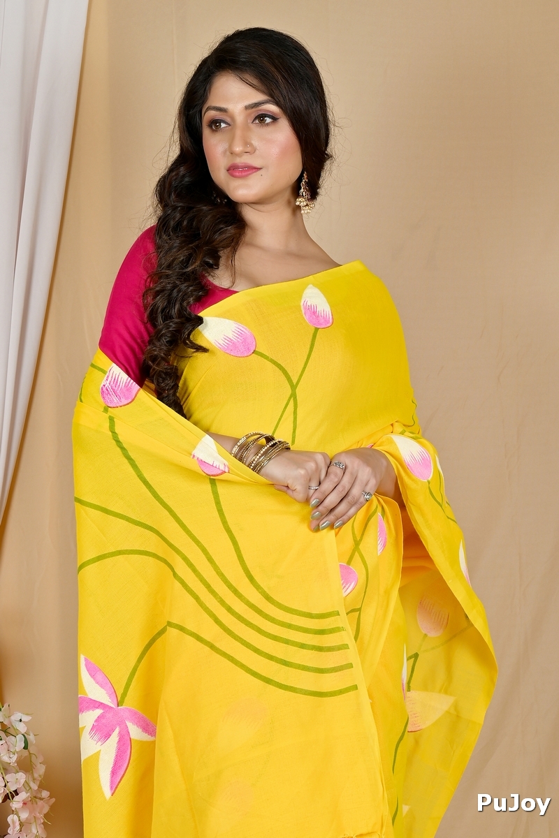 Yellow Pure Cotton Kamal Hand Painted Saree (1975)