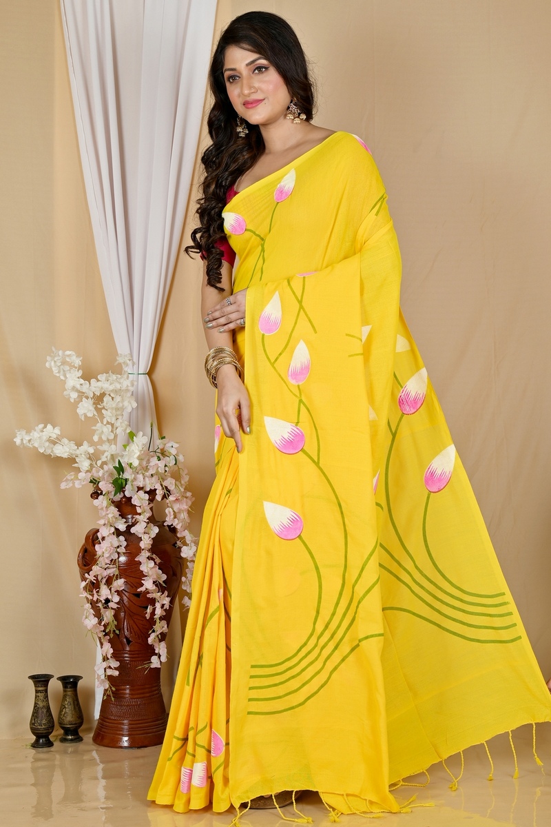 Yellow Pure Cotton Kamal Hand Painted Saree (1975)