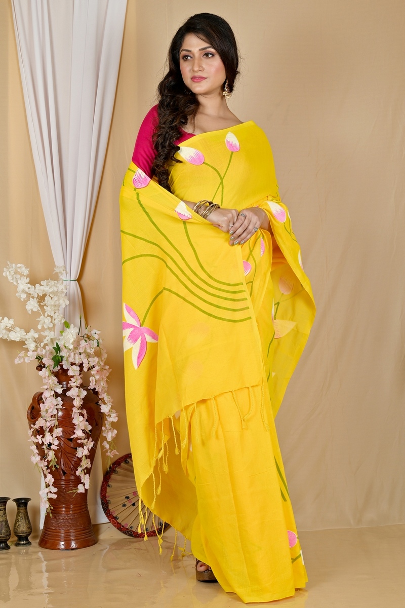 Yellow Pure Cotton Kamal Hand Painted Saree (1975)