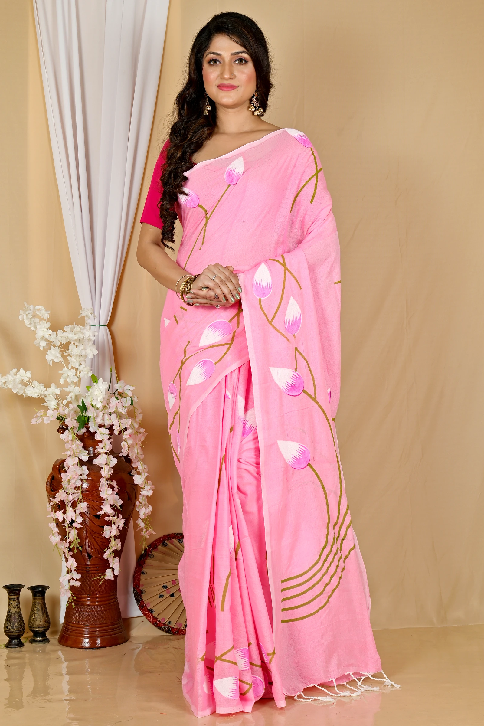 Pink Pure Cotton Kamal Hand Painted Saree (1976)