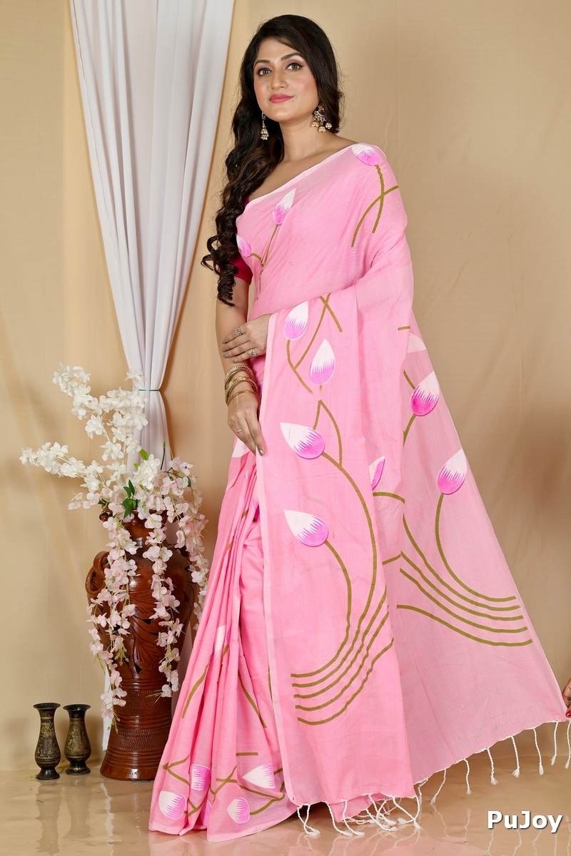 Pink Pure Cotton Kamal Hand Painted Saree (1976)