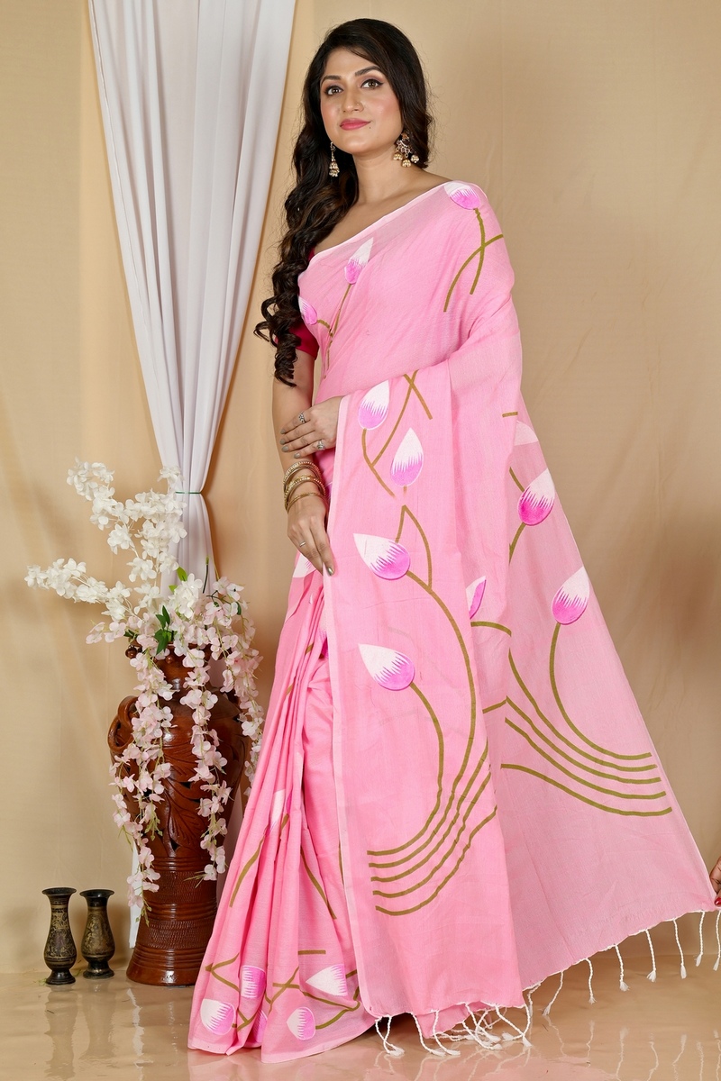Pink Pure Cotton Kamal Hand Painted Saree (1976)