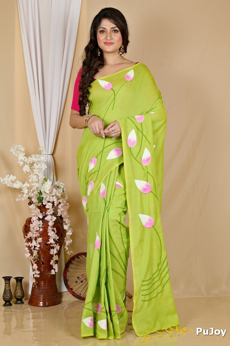 Green Pure Cotton Kamal Hand Painted Saree (1977)
