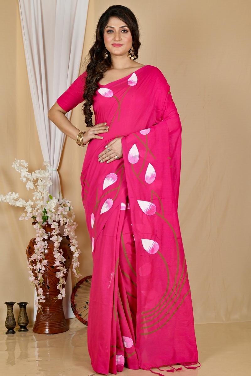Dark Pink Pure Cotton Kamal Hand Painted Saree (1978)