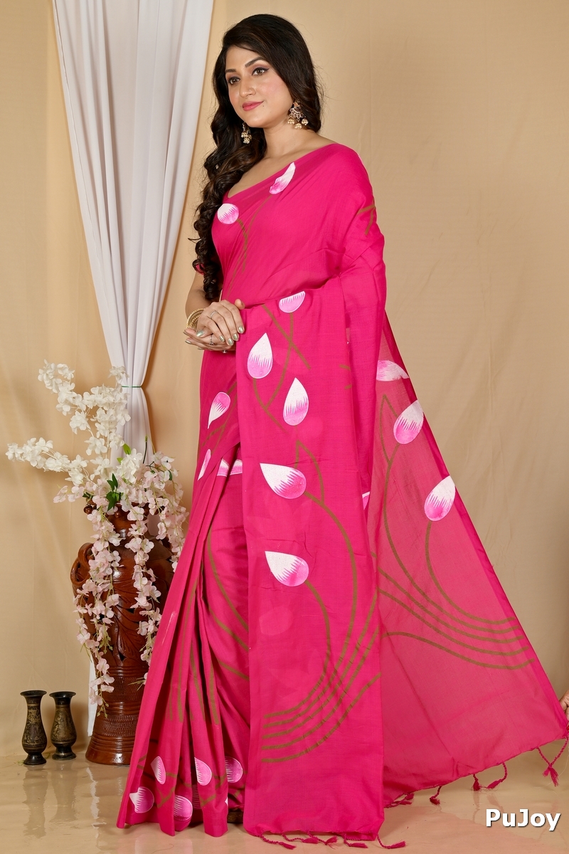 Dark Pink Pure Cotton Kamal Hand Painted Saree (1978)