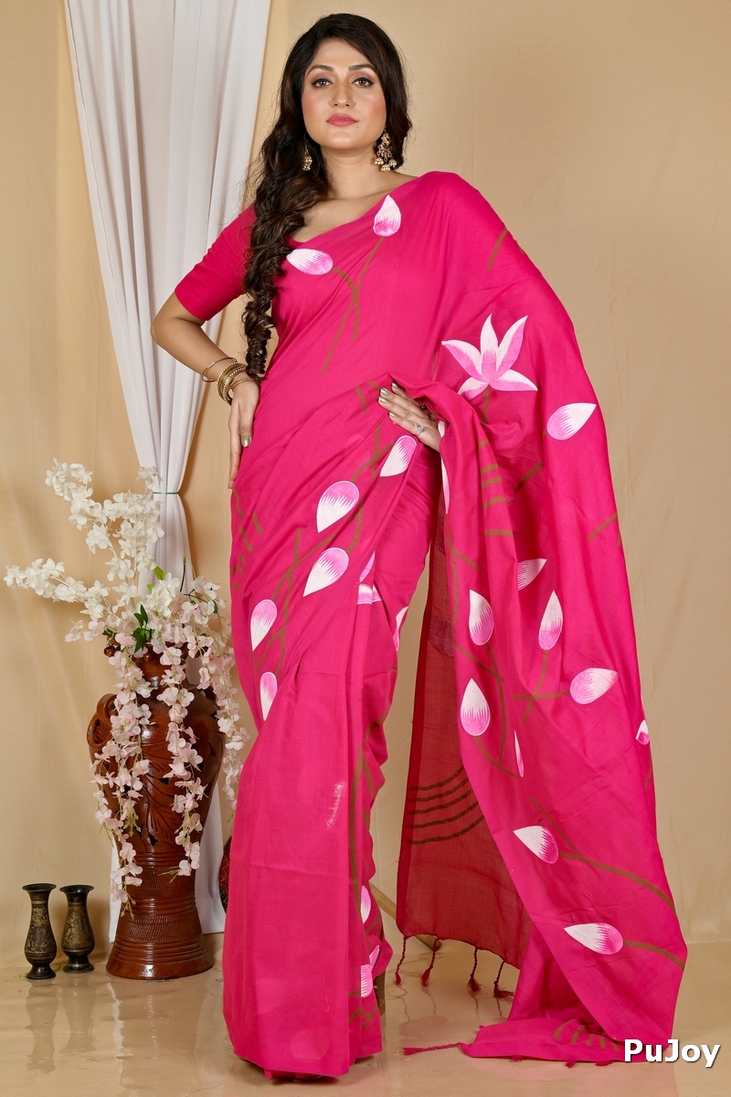 Dark Pink Pure Cotton Kamal Hand Painted Saree (1978)