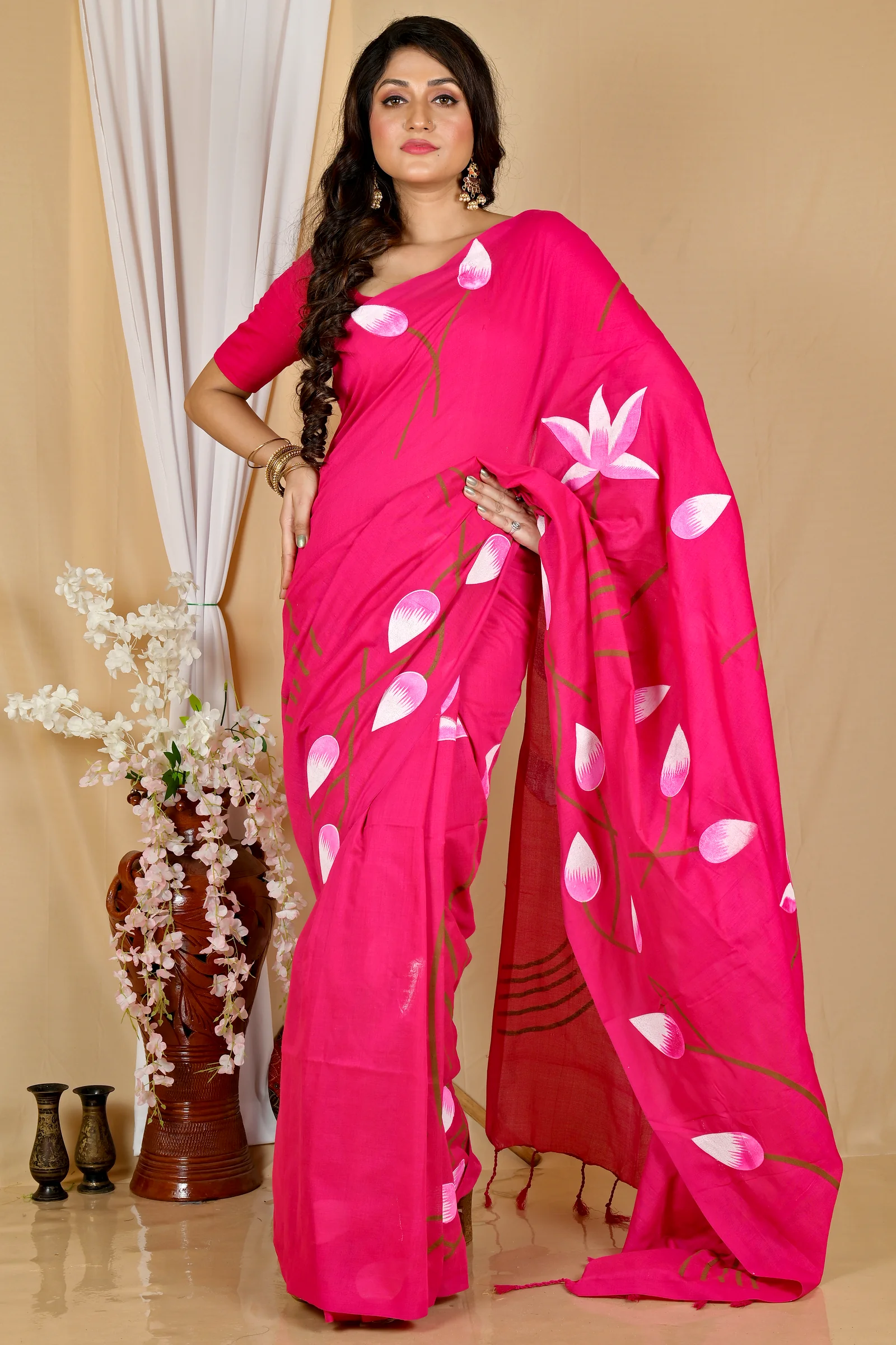 Dark Pink Pure Cotton Kamal Hand Painted Saree (1978)