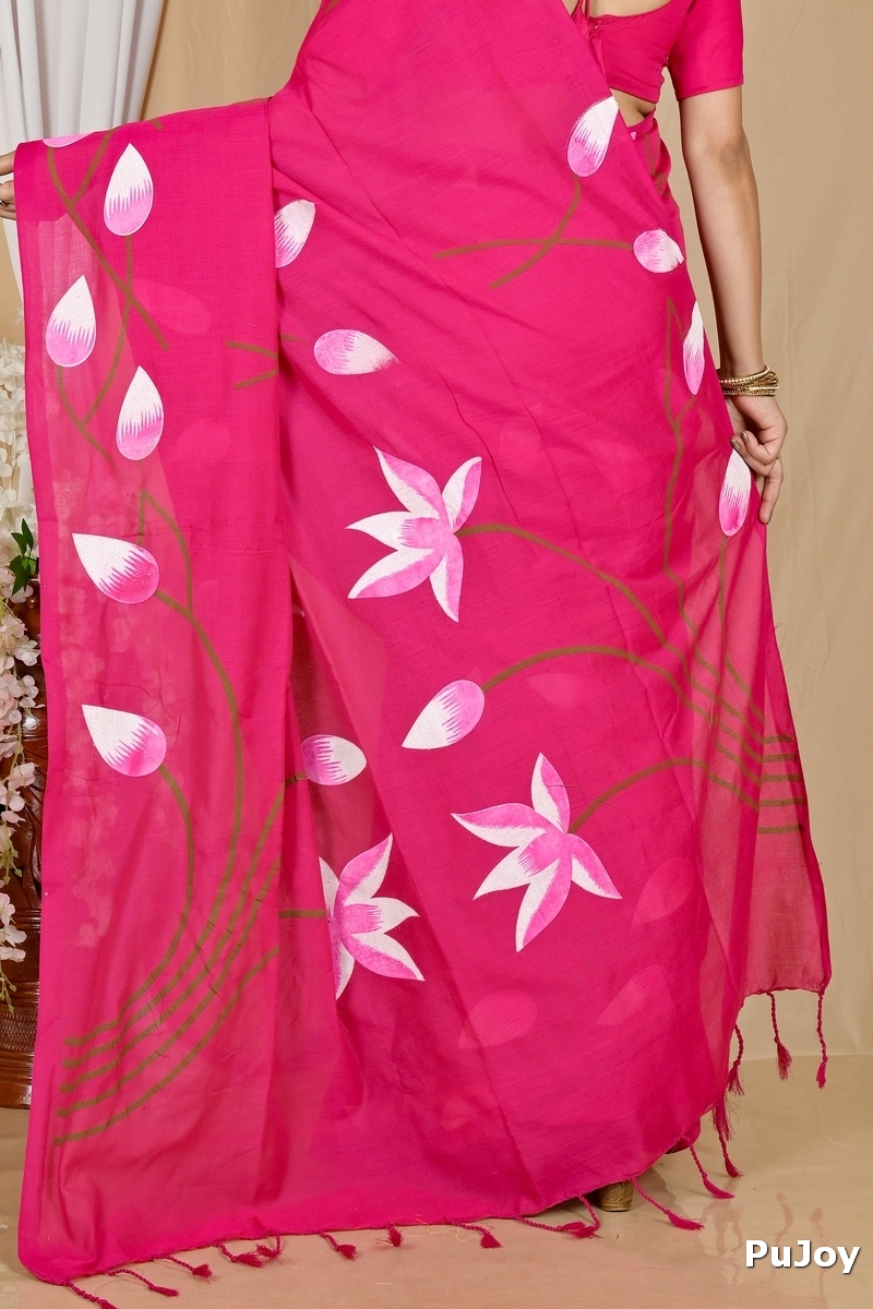 Dark Pink Pure Cotton Kamal Hand Painted Saree (1978)