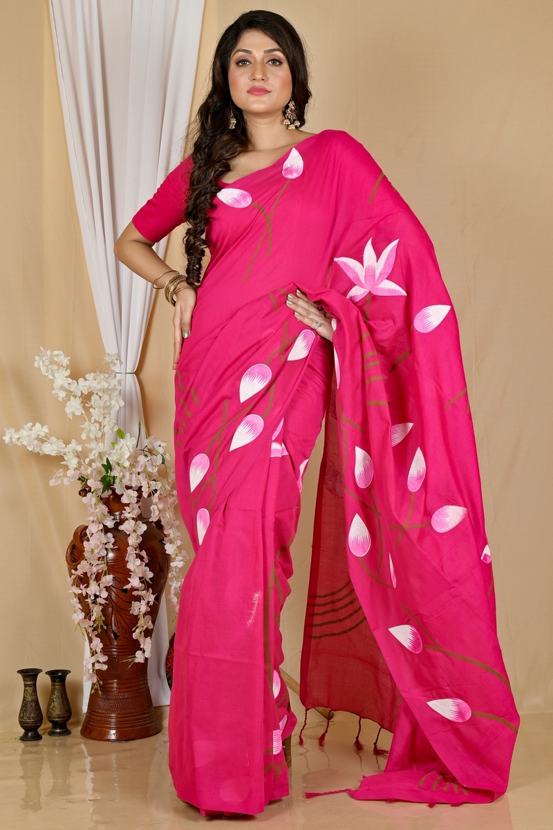 Dark Pink Pure Cotton Kamal Hand Painted Saree (1978)
