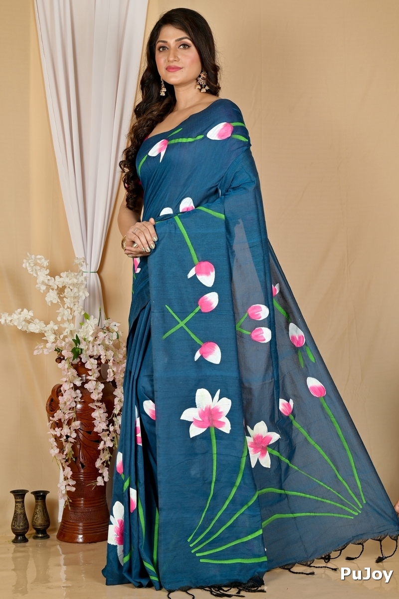 Royal Blue Pure Cotton Kamal Hand Painted Saree (1980)