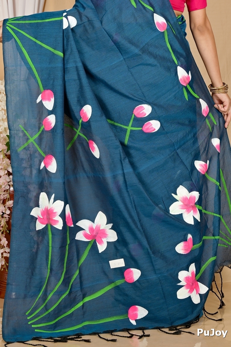 Royal Blue Pure Cotton Kamal Hand Painted Saree (1980)