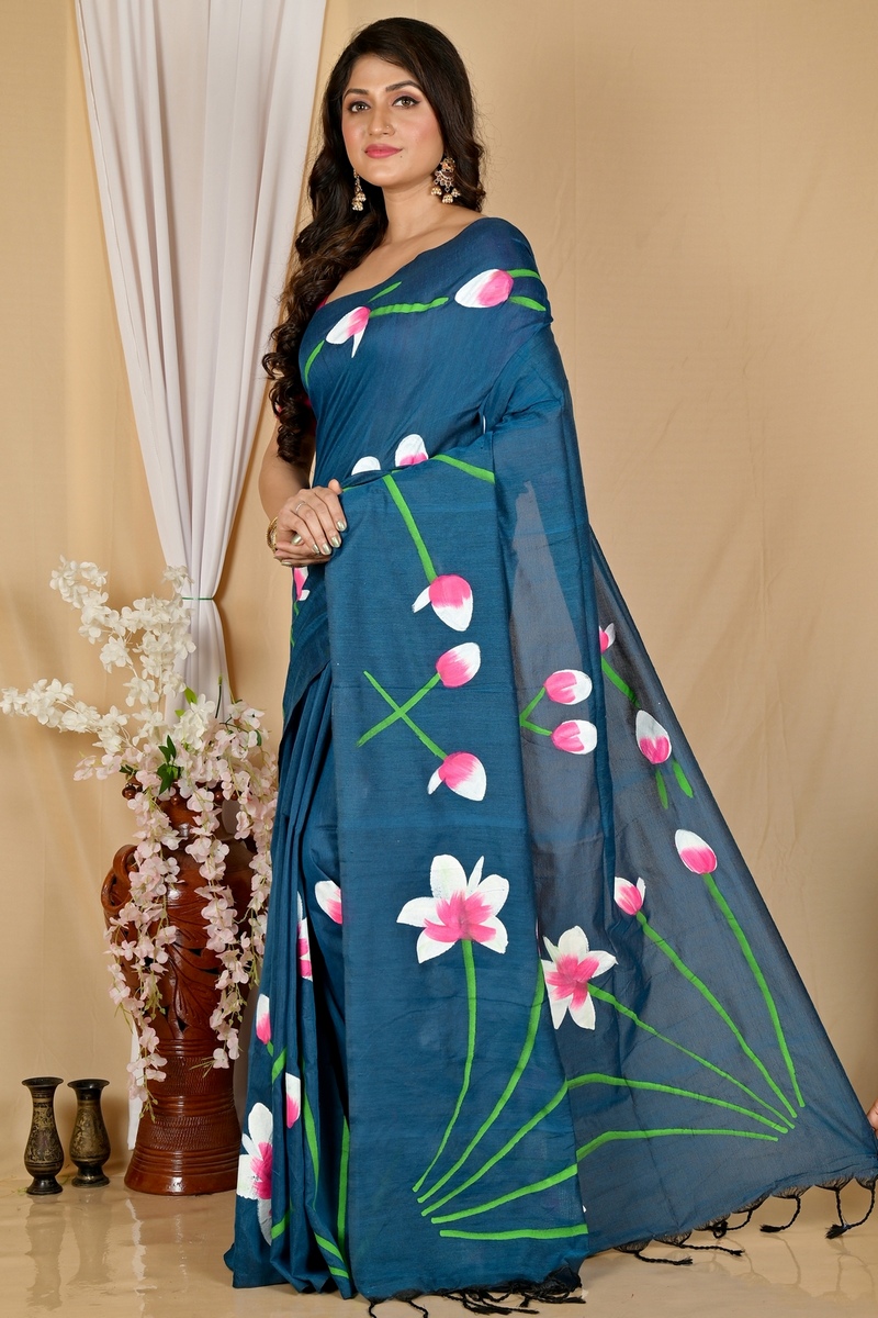 Royal Blue Pure Cotton Kamal Hand Painted Saree (1980)