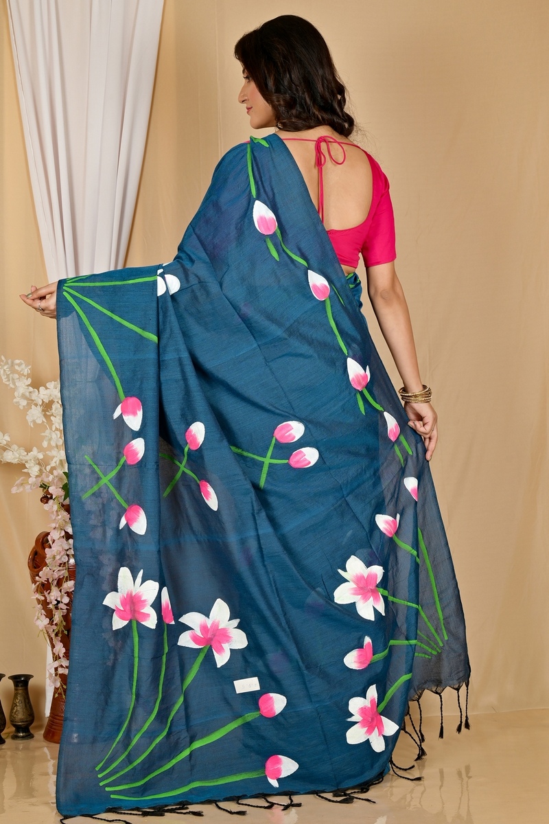 Royal Blue Pure Cotton Kamal Hand Painted Saree (1980)