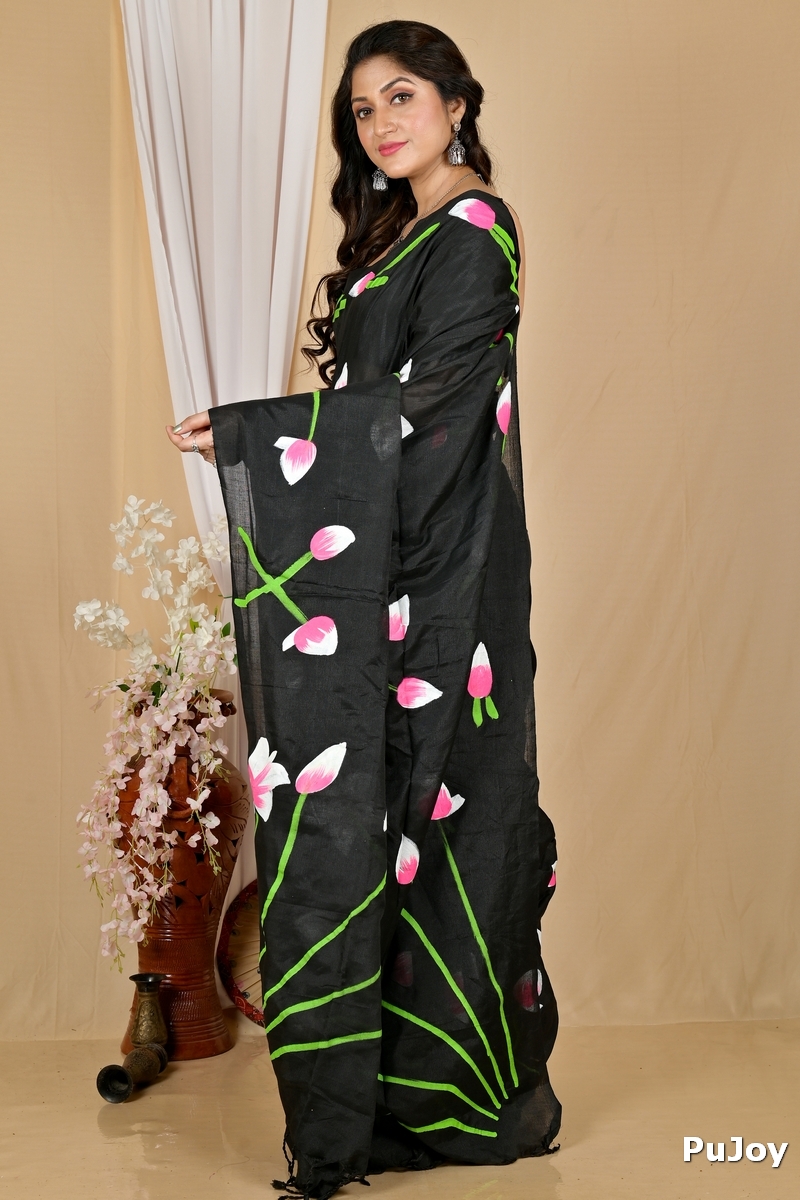Black Pure Cotton Kamal Hand Painted Saree (1981)