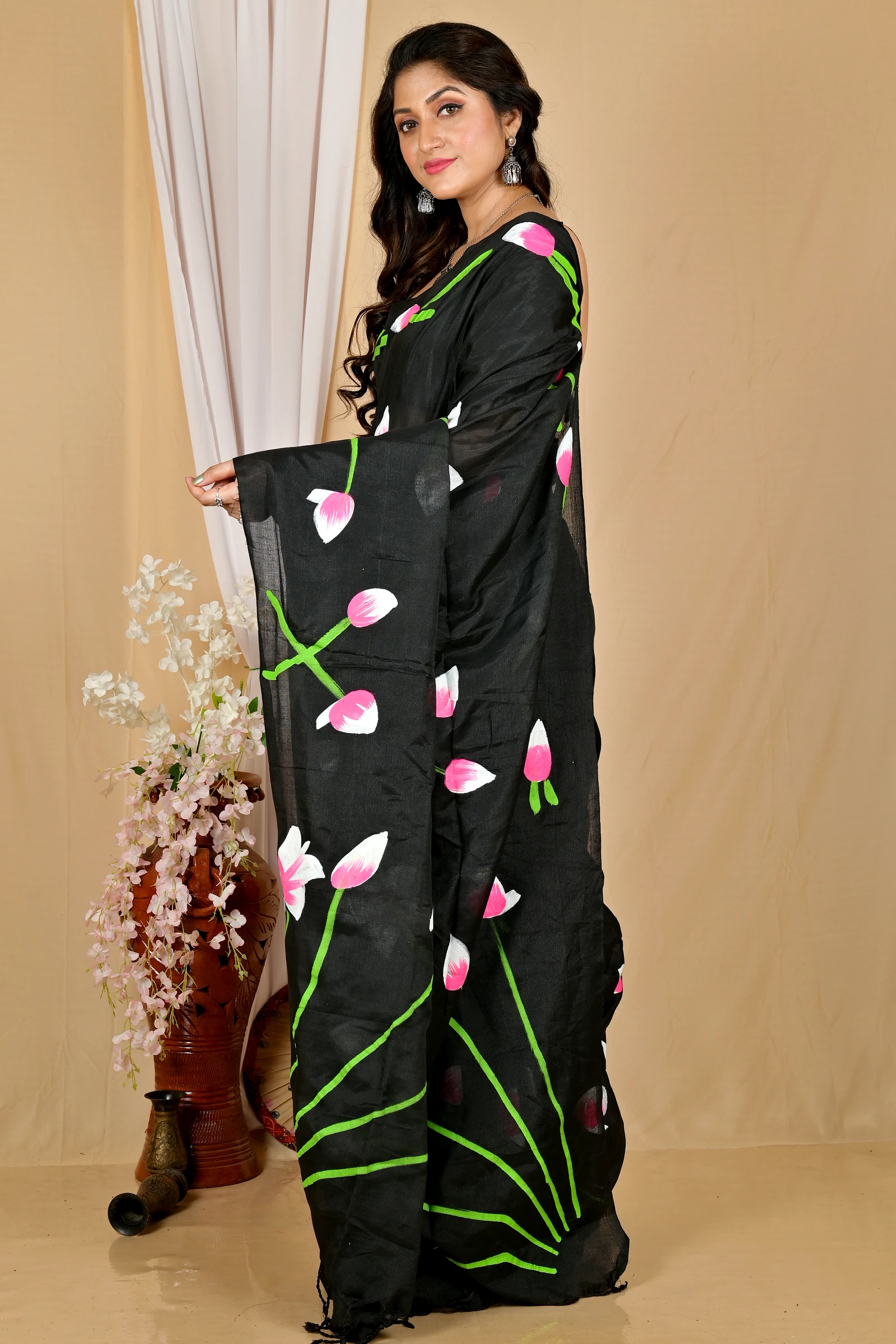 Black Pure Cotton Kamal Hand Painted Saree (1981)
