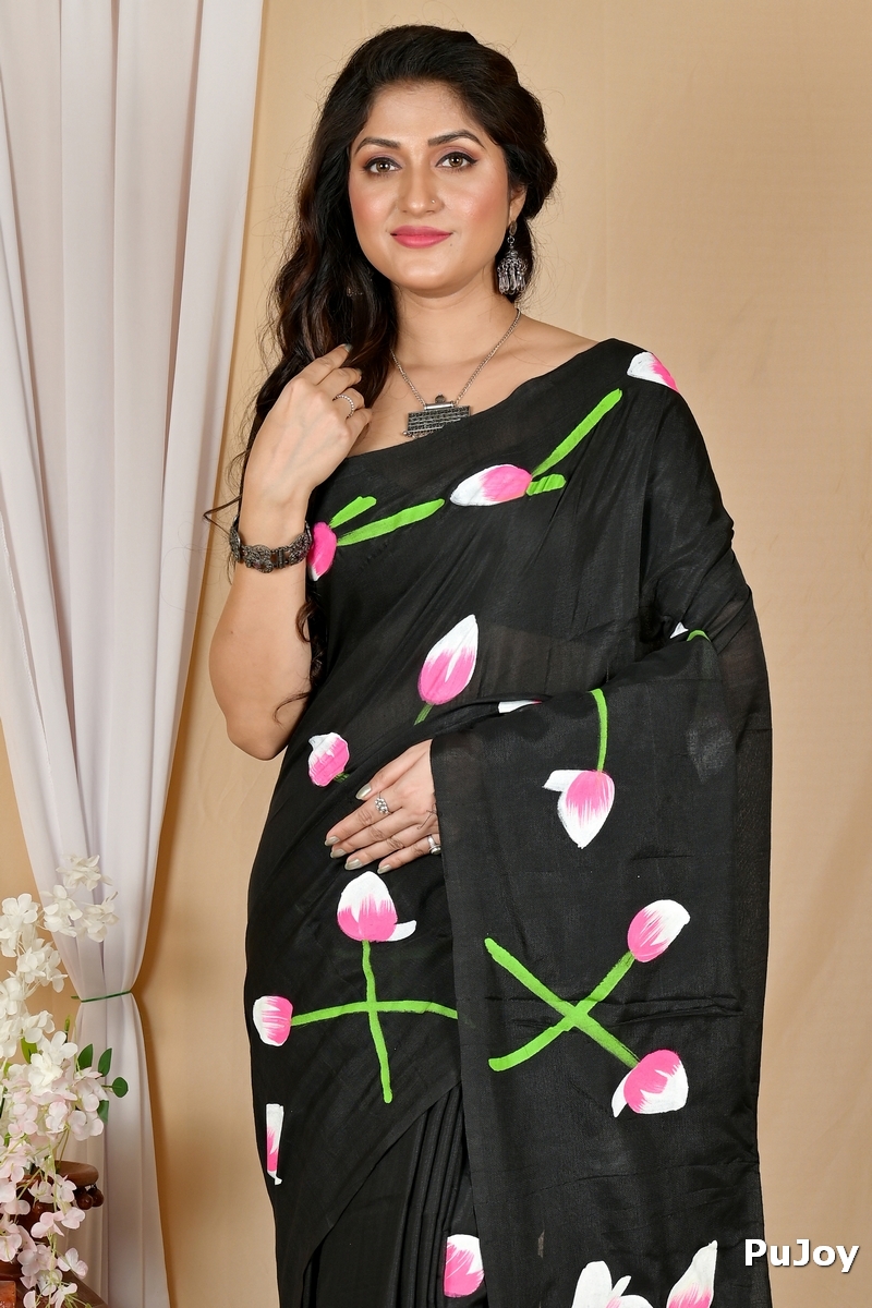 Black Pure Cotton Kamal Hand Painted Saree (1981)