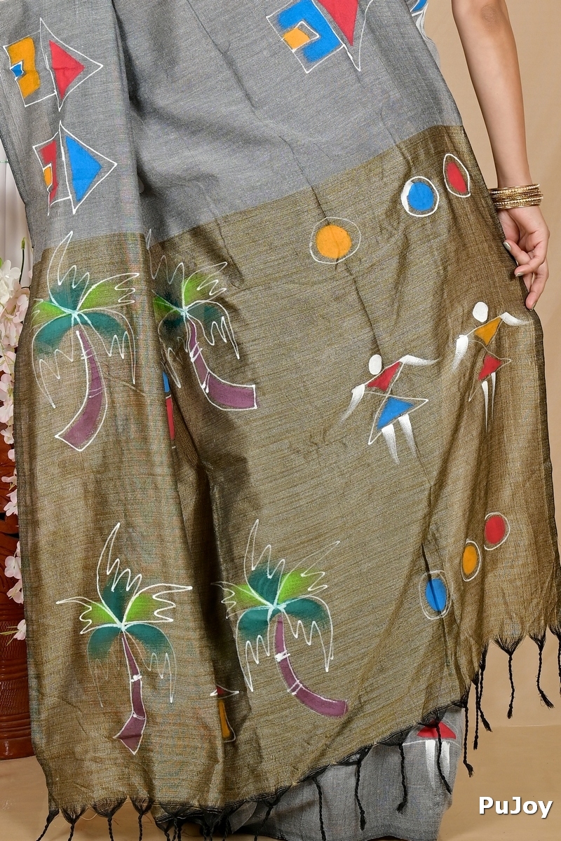 Grey Pure Cotton Keshaka Hand Painted Saree (1982)