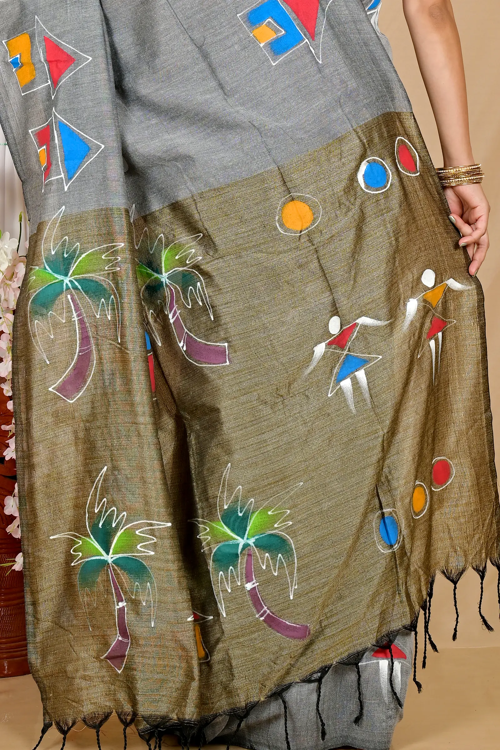 Grey Pure Cotton Keshaka Hand Painted Saree (1982)