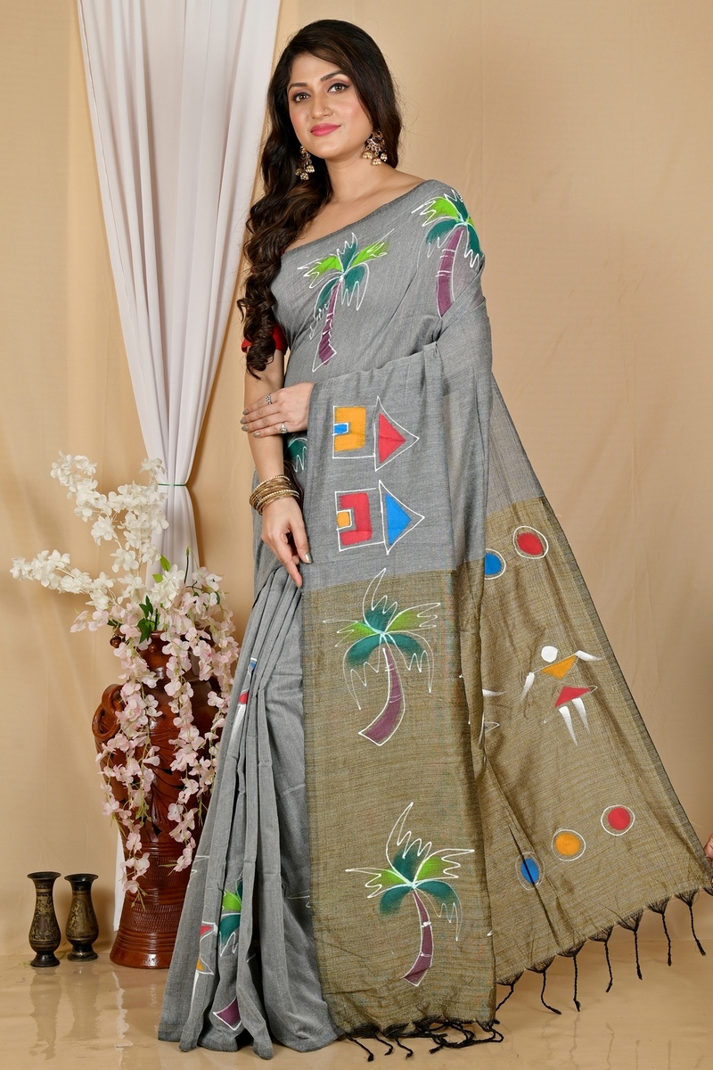 Grey Pure Cotton Keshaka Hand Painted Saree (1982)