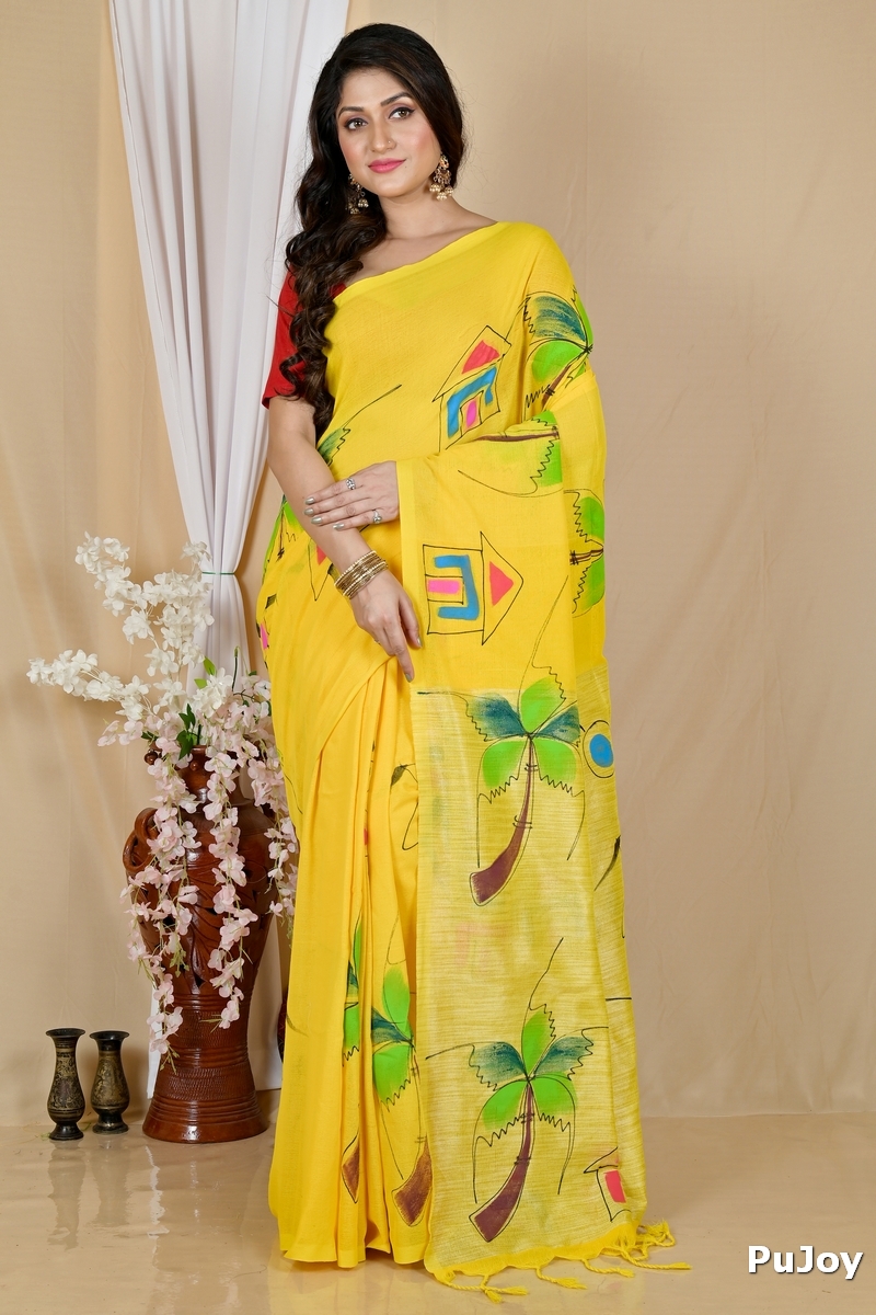 Yellow Pure Cotton Keshaka Hand Painted Saree (1983)