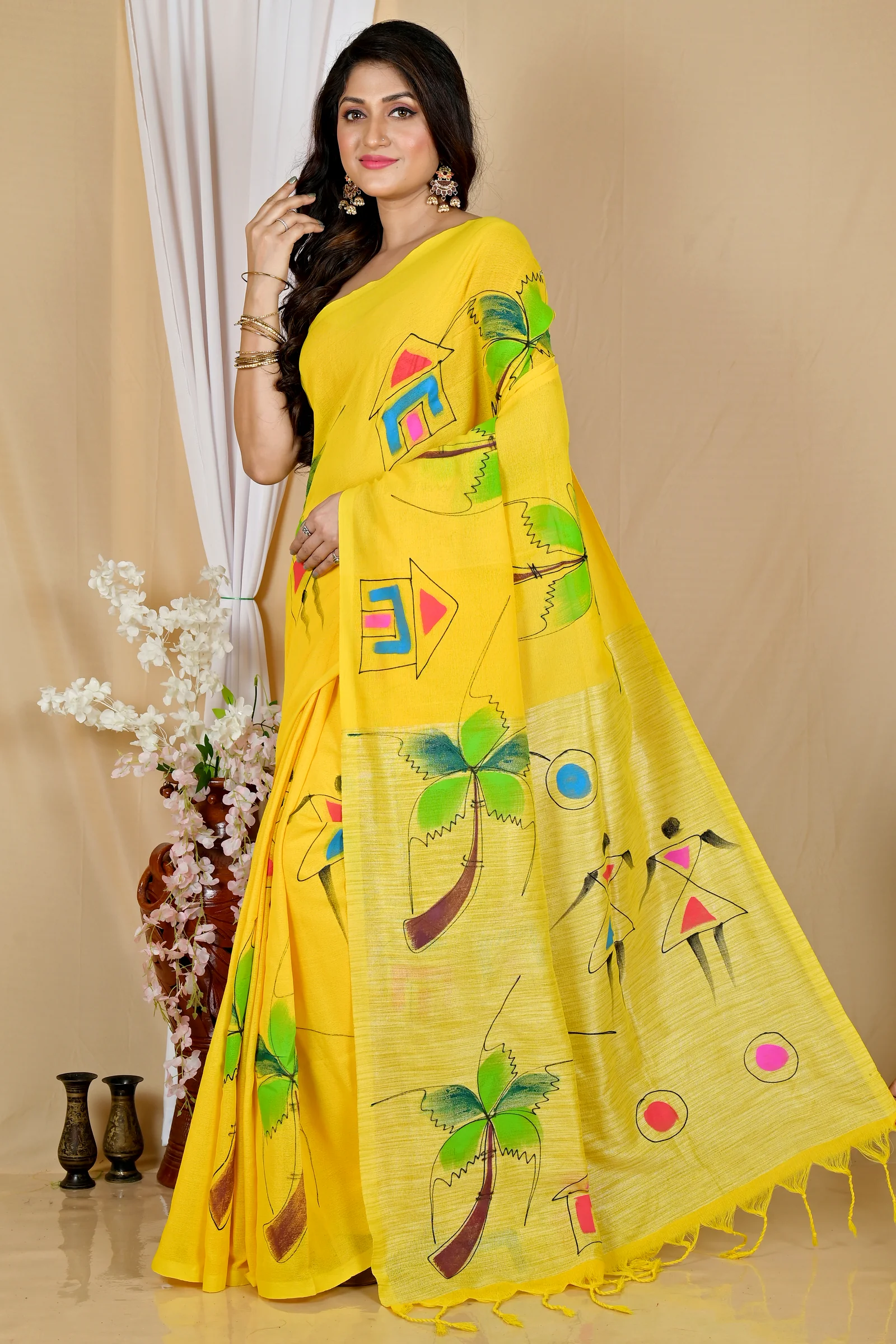 Yellow Pure Cotton Keshaka Hand Painted Saree (1983)
