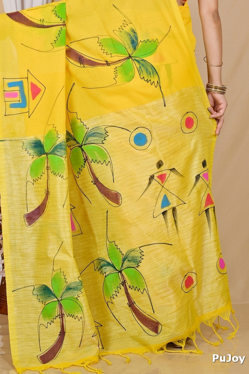 Yellow Pure Cotton Keshaka Hand Painted Saree (1983)